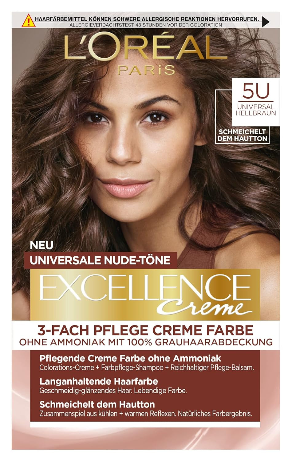 L'Oréal Paris Trwała farba do włosów dla każdego odcienia skóry, koloryzująca bez amoniaku, uniwersalne odcienie nude z pełnym pokryciem siwych włosów, Excellence Creme, nr. 5U Jasny Kasztan (brązowy), 1 szt. Farba do włosów Naty Shop