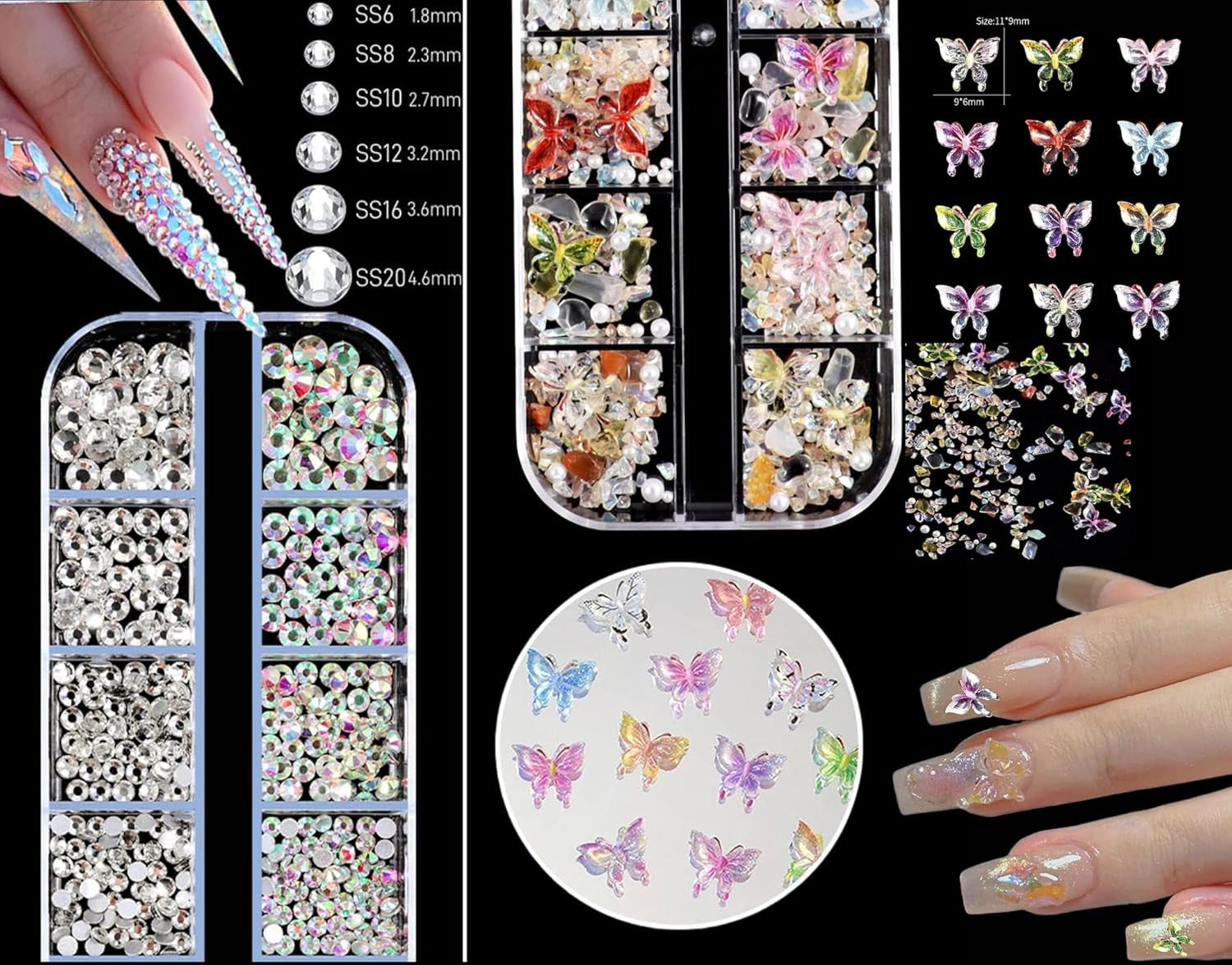 Charms do paznokci, 6 Boxen Gold Silber Nagel Charms 3D Gold Bogen Stern Nail Art Dekoration + 6200 Strasssteine ​​​​Bunt Steine ​​AB Perlen Diamanten, 3D Legierung Bow Nail Gems Nagel Deko Für Frauen Nagel (6-A)
