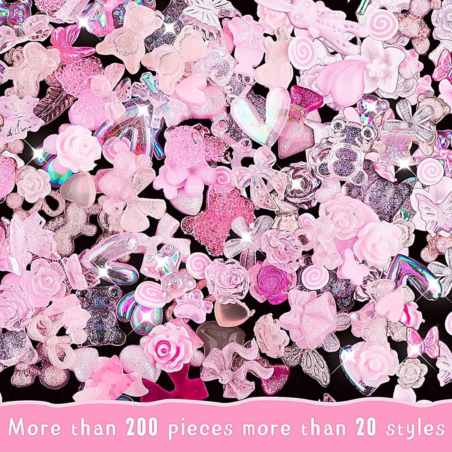200 sztuk Charms do zdobienia paznokci 3D Zestaw dekoracji do zdobienia paznokci Łuk Wisiorek do paznokci Różowy Mieszany styl Łuk Kwiat Miś Lollipop Kształt serca Ozdobne zdobienie paznokci Dekoracje DIY Craft Nail Design
