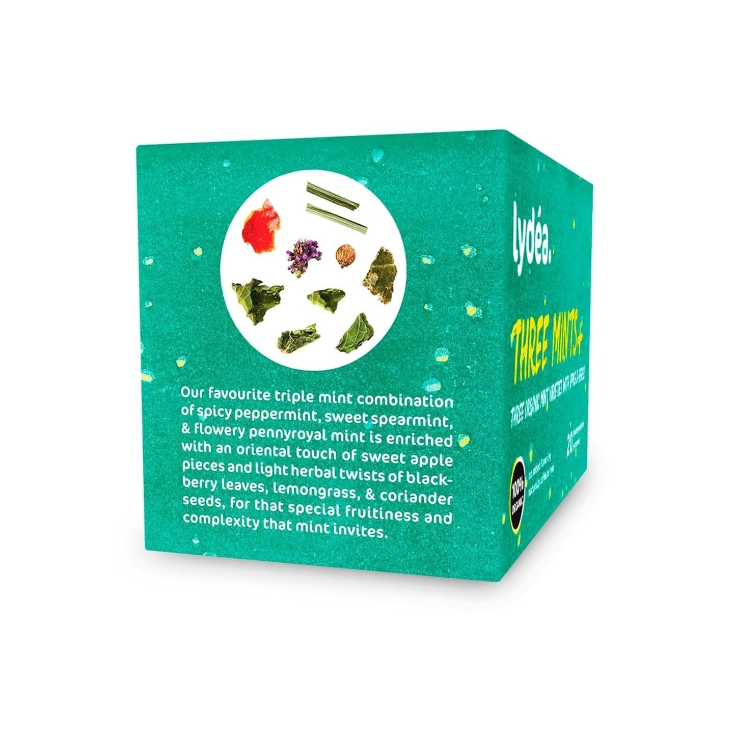 Lydea Three Mints+ Organiczna herbata ziołowa z trzema asortymentami mięty, jabłka i ziół, 60 piramidek, 3 opakowania [3 x 20 piramidek]