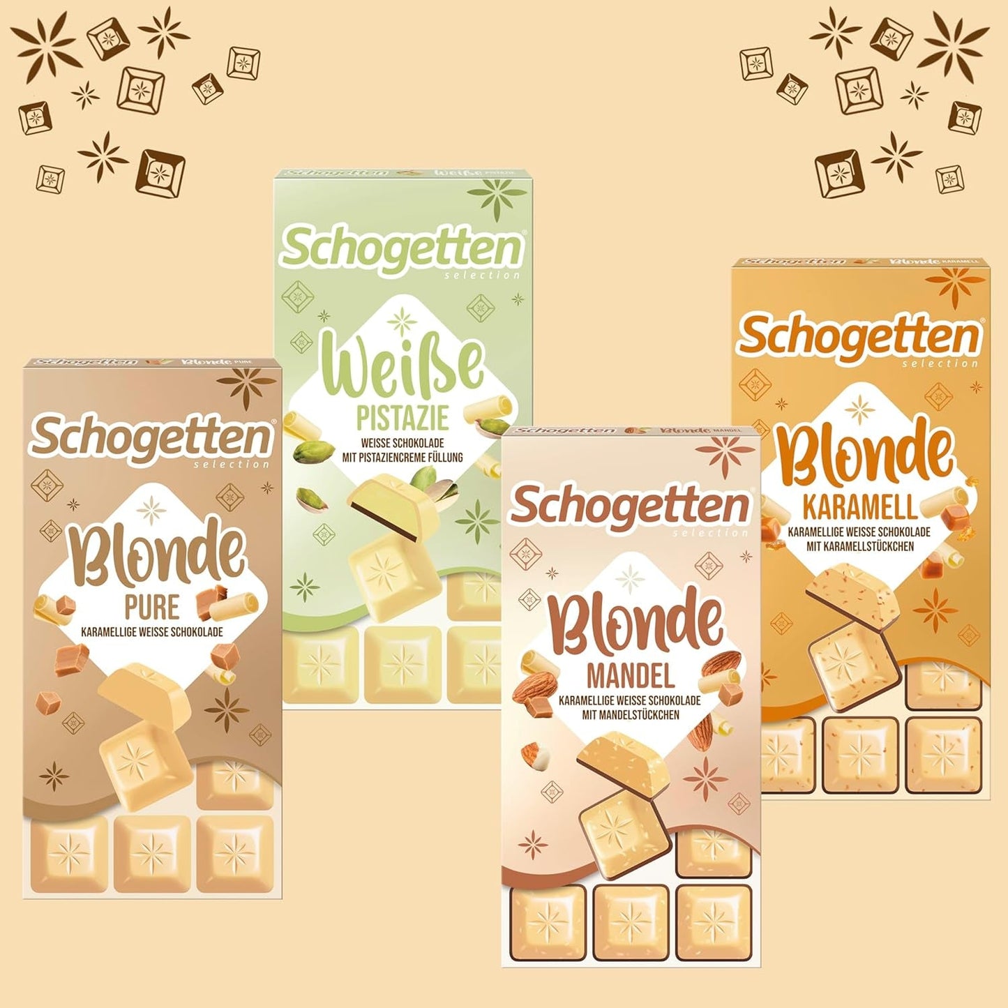 Schogetten Blond Karmel | Karmel z białą czekoladą i kawałkami karmelu | Tabliczka czekolady 100g | Wygodnie porcjowane