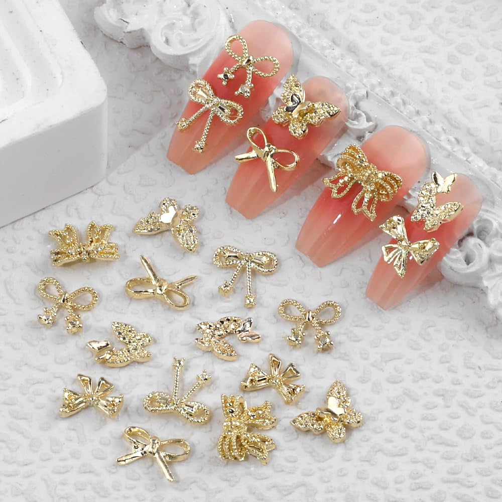 50Stück 3D Złota kokardka Charms do paznokci Motyl Nail Art Charms Legierung Bogen Nagel Charms Nägel Zubehör Schleife Nagelschmuck Metall Schleifen Schmetterling Nageldesign Nagelanhänger Nailart Strasssteine