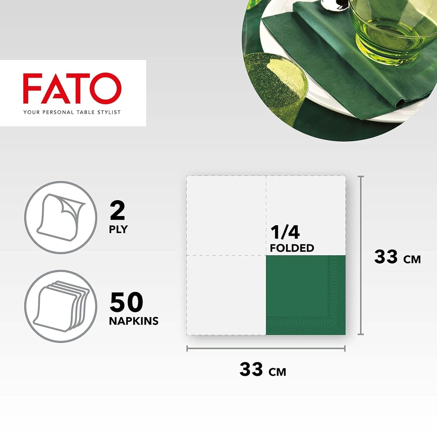 , Jednorazowe serwetki papierowe, idealne na nieformalne lunche i bufety, opakowanie 50 serwetek, rozmiar 33X33, 4-krotnie, 2-warstwowe, leśna zieleń, 100% czysty papier celulozowy, certyfikat Fsc