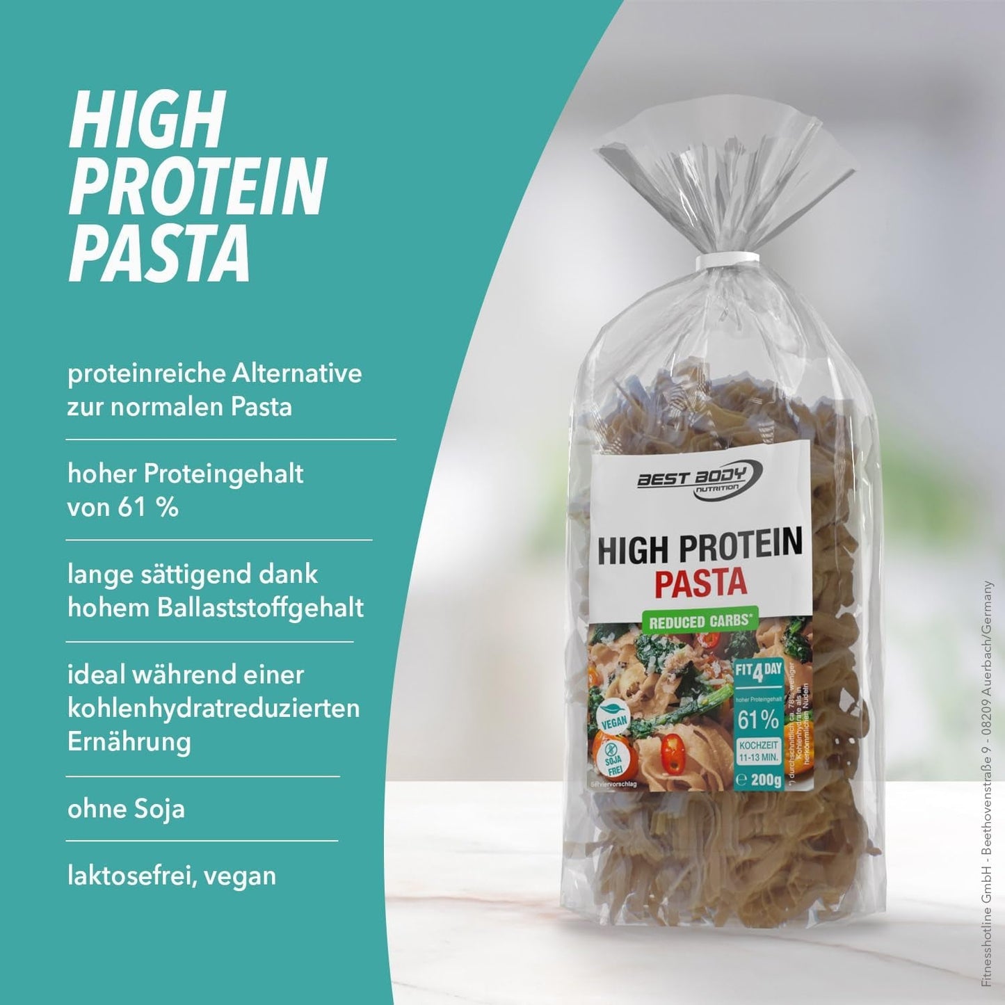 Best Body Nutrition Pasta proteinowa 6 x 200 g - Fit4Day High Protein Tagliatelle - 61% białka, niskowęglowodanowe, wegańskie i bez laktozy, bez soi - wysokiej jakości białko grochu - dla diet niskowęglowodanowych