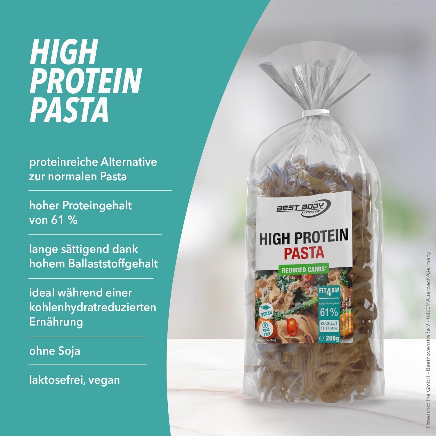 Best Body Nutrition Pasta proteinowa 6 x 200 g - Fit4Day High Protein Tagliatelle - 61% białka, niskowęglowodanowe, wegańskie i bez laktozy, bez soi - wysokiej jakości białko grochu - dla diet niskowęglowodanowych