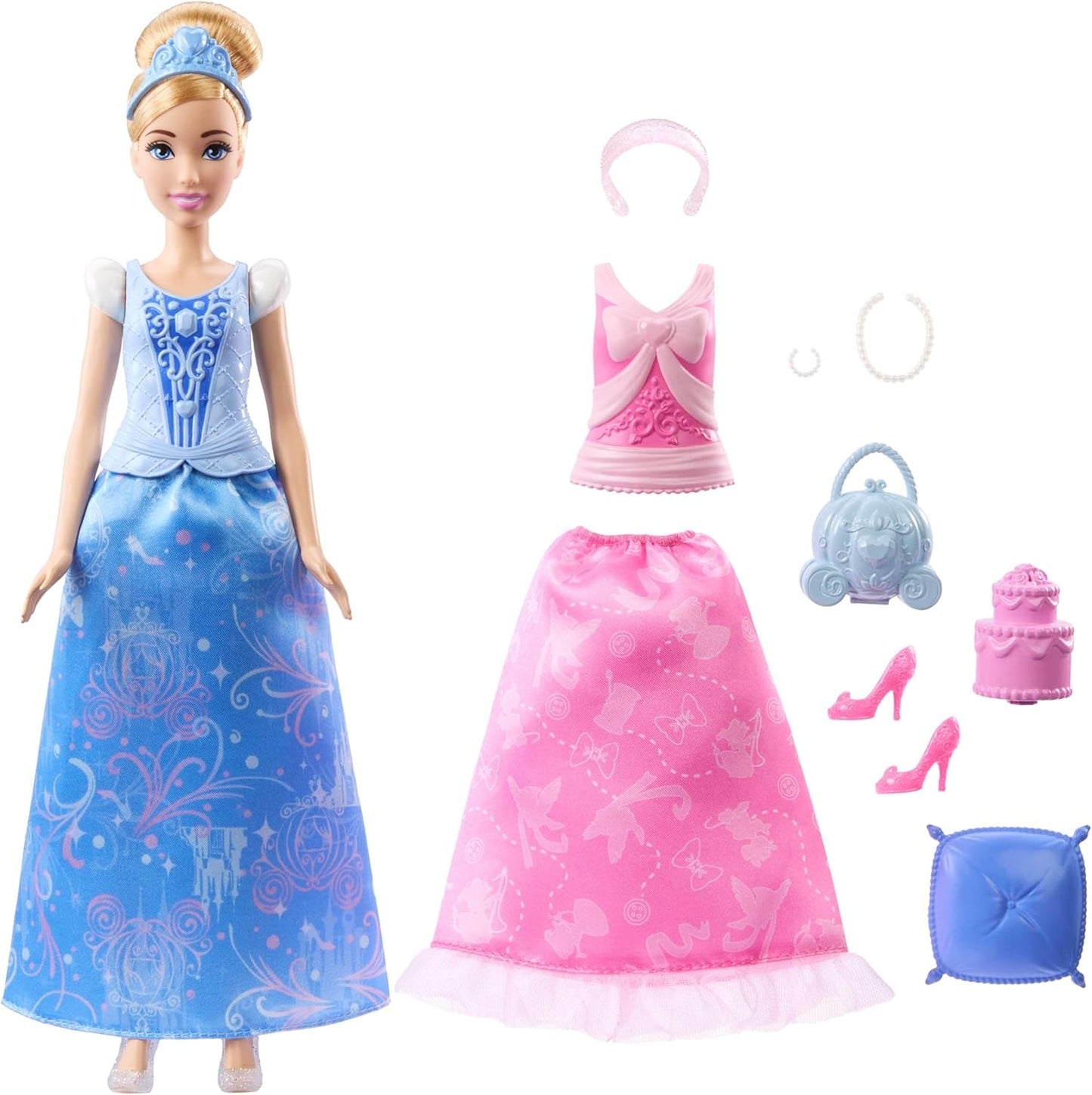 Mattel Disney Princess Toys Modna lalka Kopciuszek z 2 strojami, 9 akcesoriami, 2 topami z klipsami i 2 spódniczkami. Historie 2 w 1 inspirowane filmem Disneya JCR95