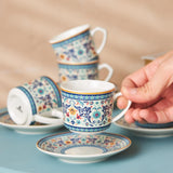 KARACA Beylerbeyi - 12-częściowy zestaw filiżanek do kawy po turecku Zestaw 6 porcelanowych filiżanek do espresso ze spodkami Zestaw filiżanek do espresso 80 ml Tradycyjny design - niebieski