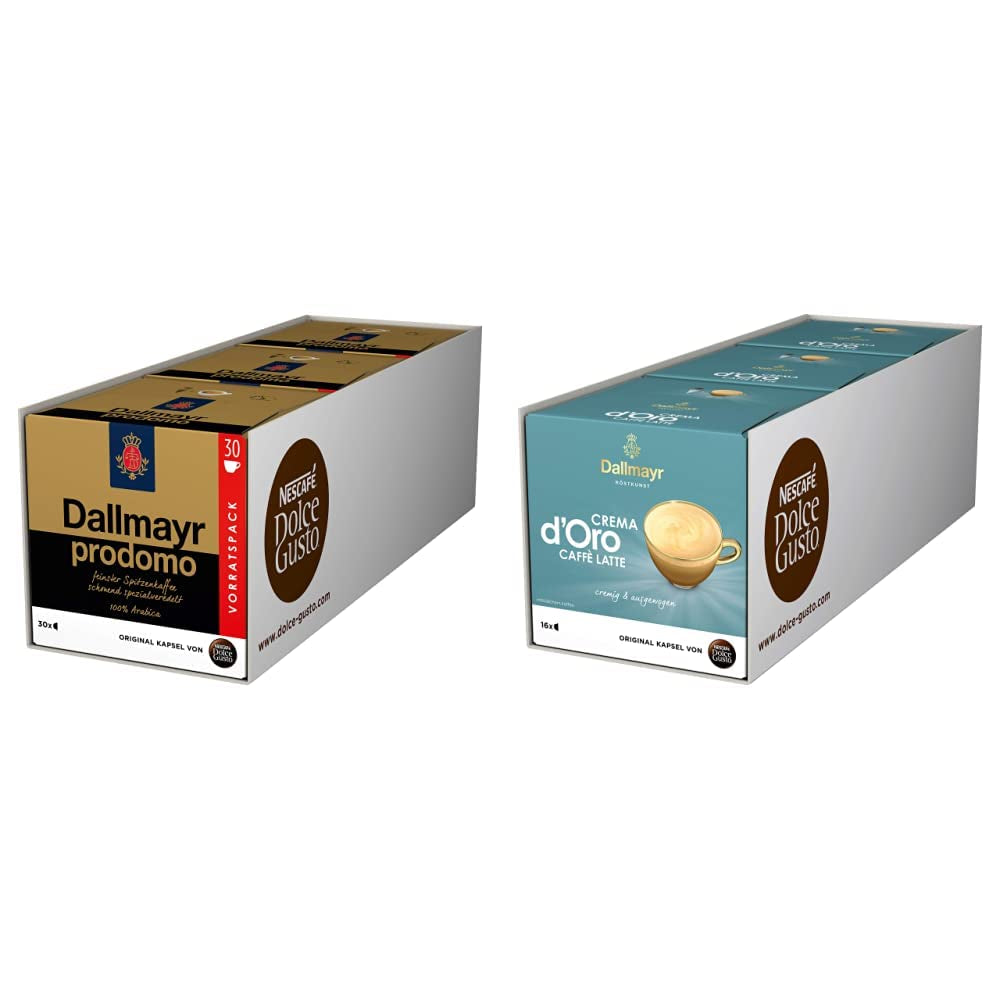 NESCAFÉ Dolce Gusto Dallmayr Prodomo, XXL-Vorratsbox, 90 Kaffeekapseln (3 x 30 Kapseln) & Dallmayr Crema d'Oro Caffè Latte (48 Kaffeekapseln, 48 Getränke, cremig&ausgefungen) 3-er Pack (3 x 16 Kapseln)