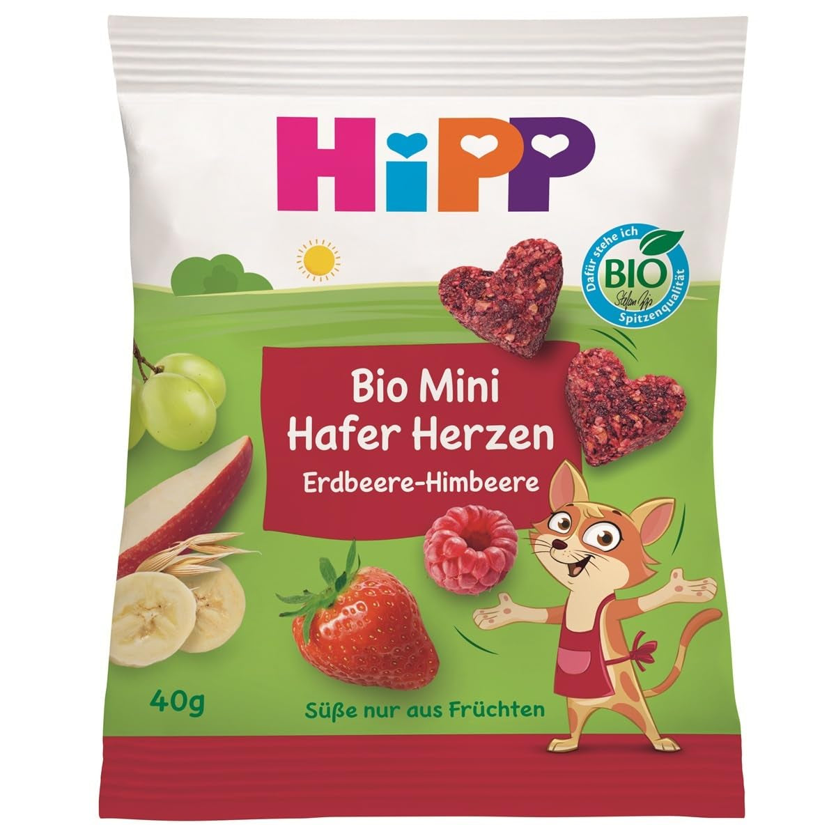 HiPP Mini Truskawkowo-Malinowe Serduszka Owsiane (12 x 40g), od 1 roku, organiczny batonik w kształcie serca, bogaty w zboża i błonnik, słodzony wyłącznie owocami, najwyższej jakości organicznej