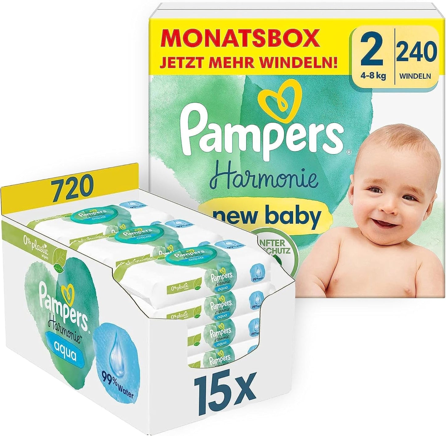 Zestaw pieluch dla niemowląt Harmonie Rozmiar 2 (4-8 kg, 240 sztuk) PUDEŁKO MIESIĘCZNE i Pudełko na chusteczki nawilżane Harmonie Aqua Baby 720 chusteczek (15 x 48), Baby Essentials