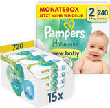 Zestaw pieluch dla niemowląt Harmonie Rozmiar 2 (4-8 kg, 240 sztuk) PUDEŁKO MIESIĘCZNE i Pudełko na chusteczki nawilżane Harmonie Aqua Baby 720 chusteczek (15 x 48), Baby Essentials
