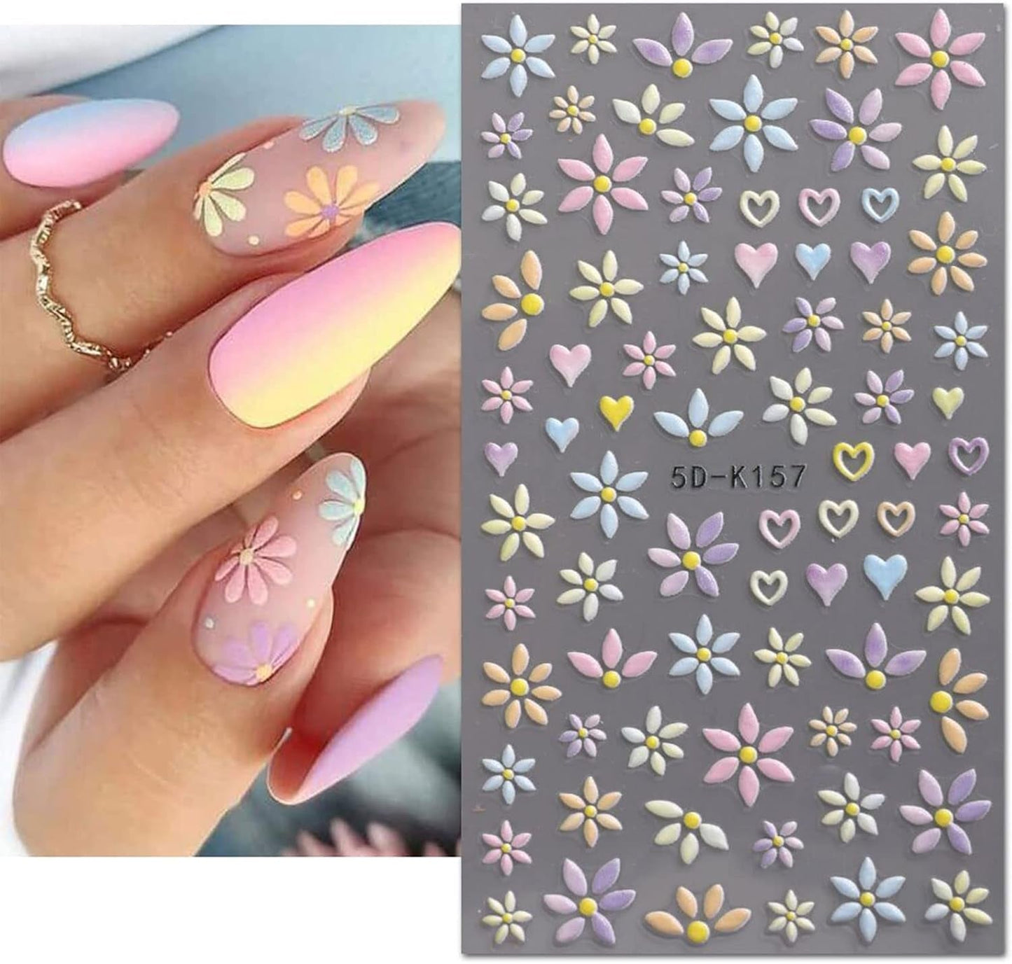 JMEOWIO 3D Nagelsticker Blume Frühlings Nail Art Naklejka Selbstklebend Nagelaufkleber 5D Stereoskopisch Sommer Bunter Blumen Dekoration Nageldesign Zubehör 4 Blatt