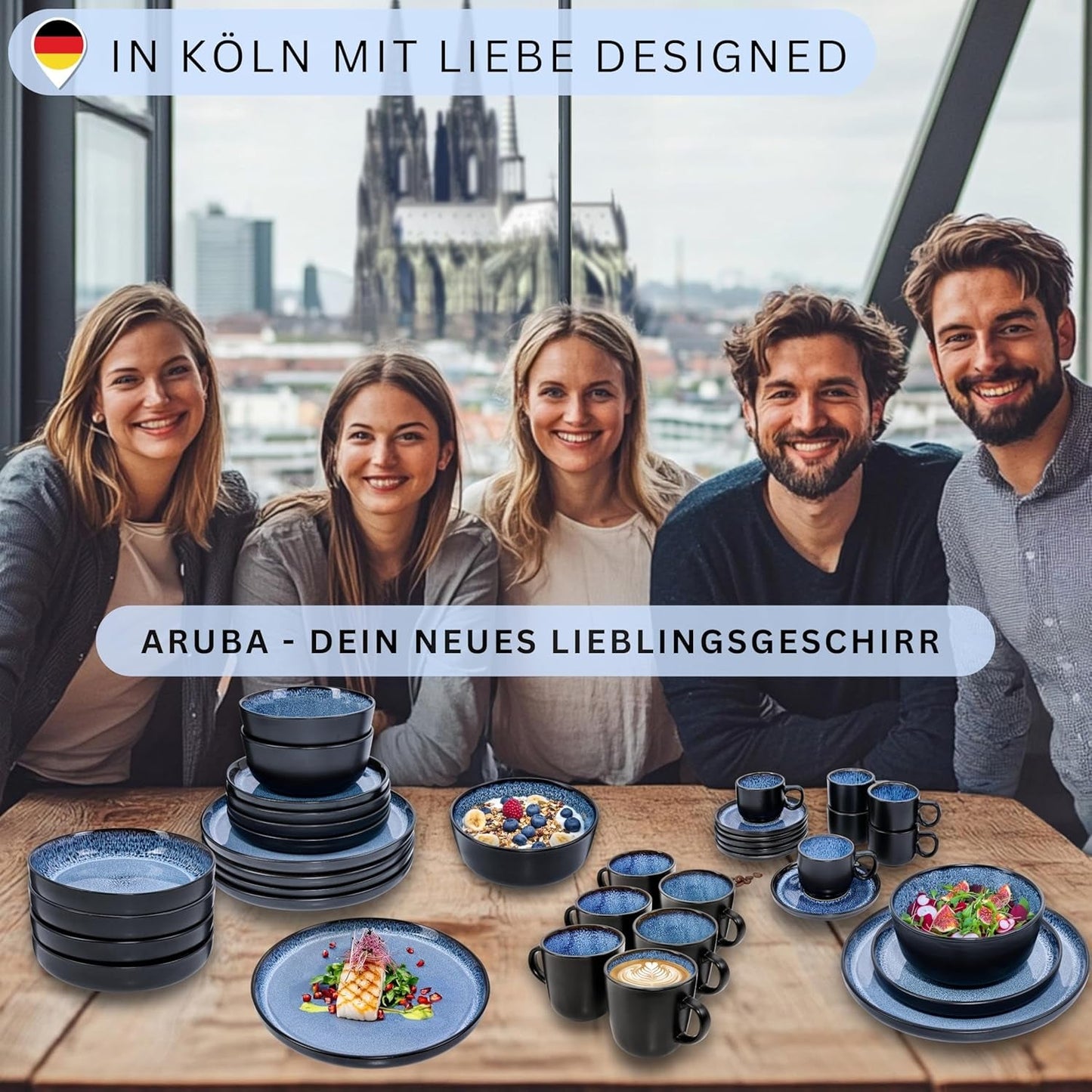 SĘNGER Aruba | Zestaw naczyń obiadowych kamionkowych na 6, 6 talerzy obiadowych, 6 talerzy śniadaniowych, 6 talerzy obiadowych, 6 misek na makaron, niebieski z czarnym brzegiem | KOLEKCJA WARTOŚCIOWA
