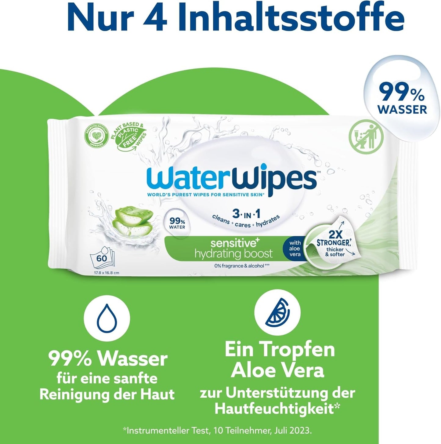 WaterWipes Sensitive+ Hydrating Boost Chusteczki nawilżane, Chusteczki nawilżające, 360 sztuk (6 szt.), 3 w 1 Czyszczenie, pielęgnacja, nawilżanie, 99% wody z aloesu, bezzapachowe chusteczki dla dzieci