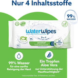 WaterWipes Sensitive+ Hydrating Boost Chusteczki nawilżane, Chusteczki nawilżające, 360 sztuk (6 szt.), 3 w 1 Czyszczenie, pielęgnacja, nawilżanie, 99% wody z aloesu, bezzapachowe chusteczki dla dzieci