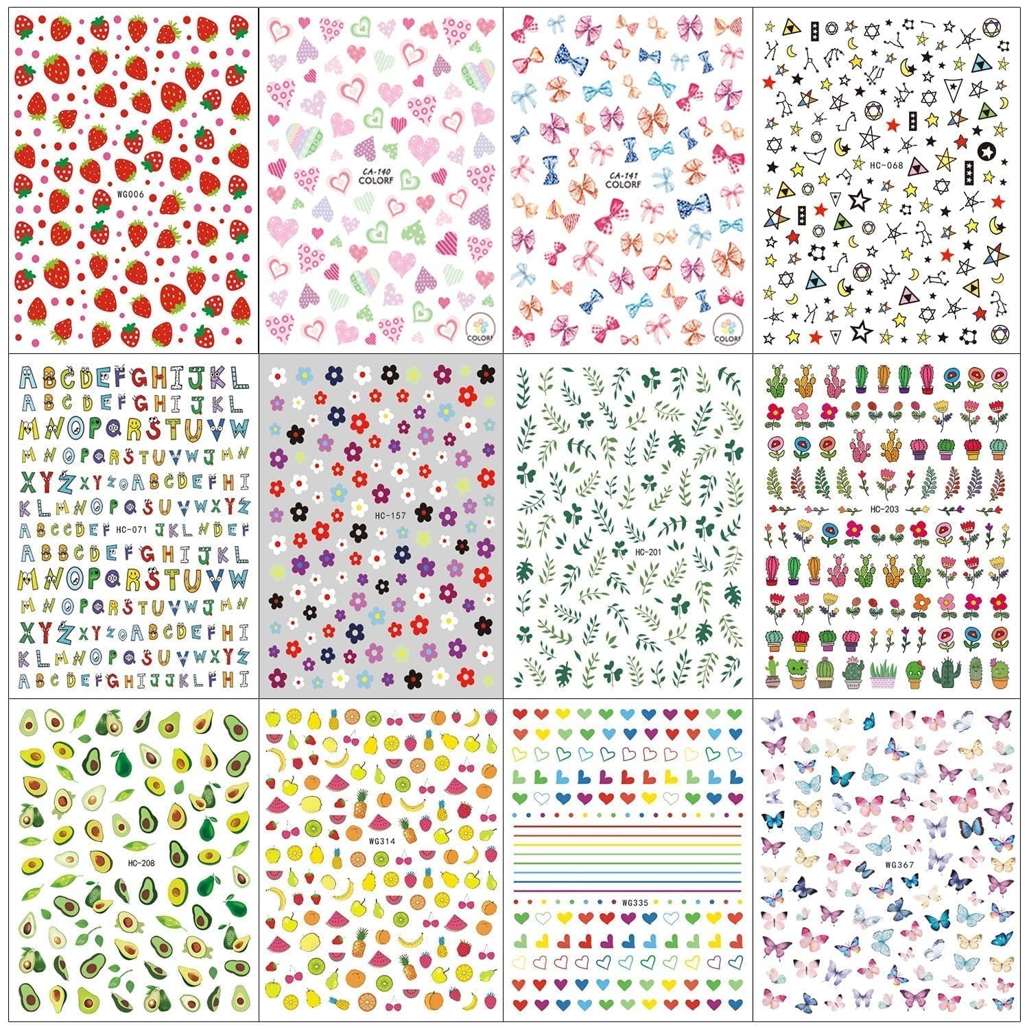 12 Blatt Nagelsticker Süß Kinder Nagelaufkleber Selbstklebend Weihnachtsblumen Blätter Tiere Pflanzen Früchte Nail Art Naklejka Dekoration Nageldesign Zubehör