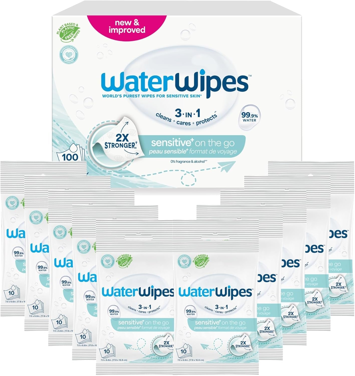 Chusteczki nawilżane WaterWipes Sensitive+ On The Go, 100 chusteczek (10 szt.), 3 w 1 czyści, pielęgnuje, chroni, 99,9% wody, chusteczki bezzapachowe