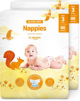 Pieluchy Amazon Ultra Dry, rozmiar 3 (4–9 kg) – pudełko miesięczne, białe, 172 sztuki (2 opakowania po 86) (dawniej Mama Bear, identyczny produkt)