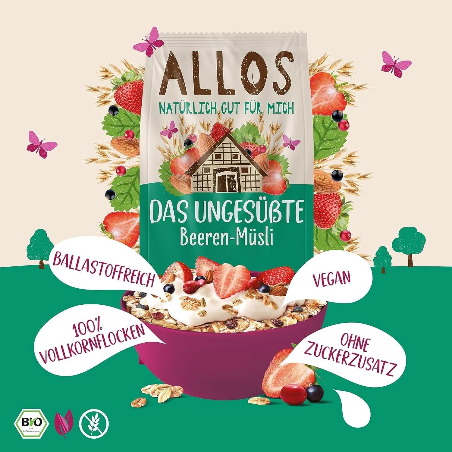 Allos, niesłodzone muesli jagodowe, opakowanie 5 x 500 gram Płatki Naty Shop