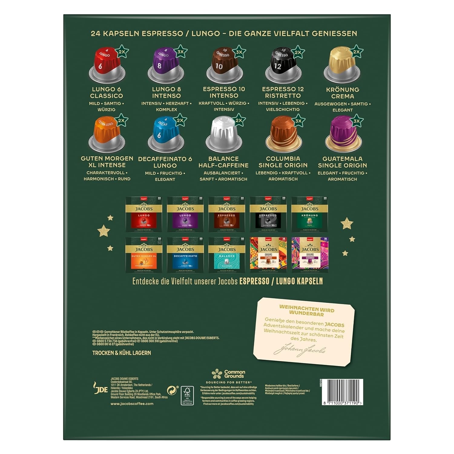 Jacobs Kapsel Adventskalender, 24 Espresso/Lungo Kapseln, kompatybilna z Nespresso* Kaffee Kapseln, 24 Kapseln