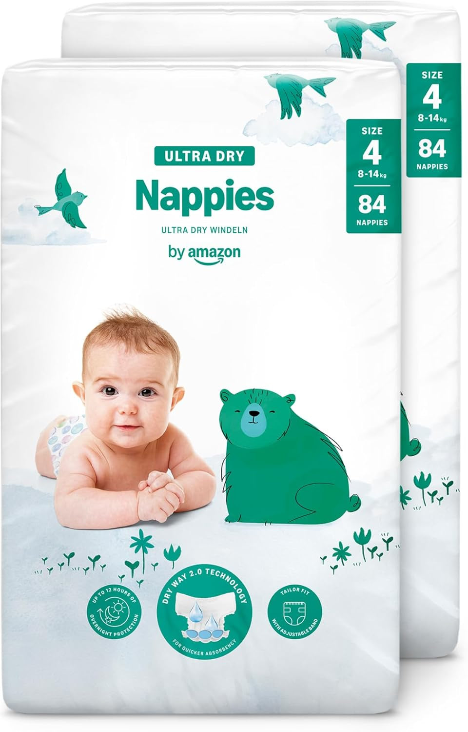 Pieluchy Amazon Ultra Dry, rozmiar 1 (2-5 kg) - pudełko miesięczne, białe, 96 sztuk (2 opakowania po 48) (dawniej marka Mama Bear, identyczny produkt)