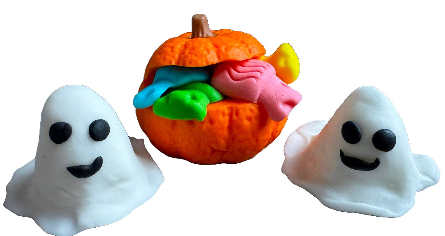Zestaw 3 jadalnych dekoracji z pasty cukrowej, Halloween, duchy i dynia ze słodyczami Dekoracje z pasty cukrowej Naty Shop