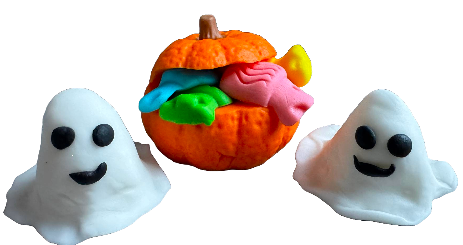 Zestaw 3 jadalnych dekoracji z pasty cukrowej, Halloween, duchy i dynia ze słodyczami Dekoracje z pasty cukrowej Naty Shop