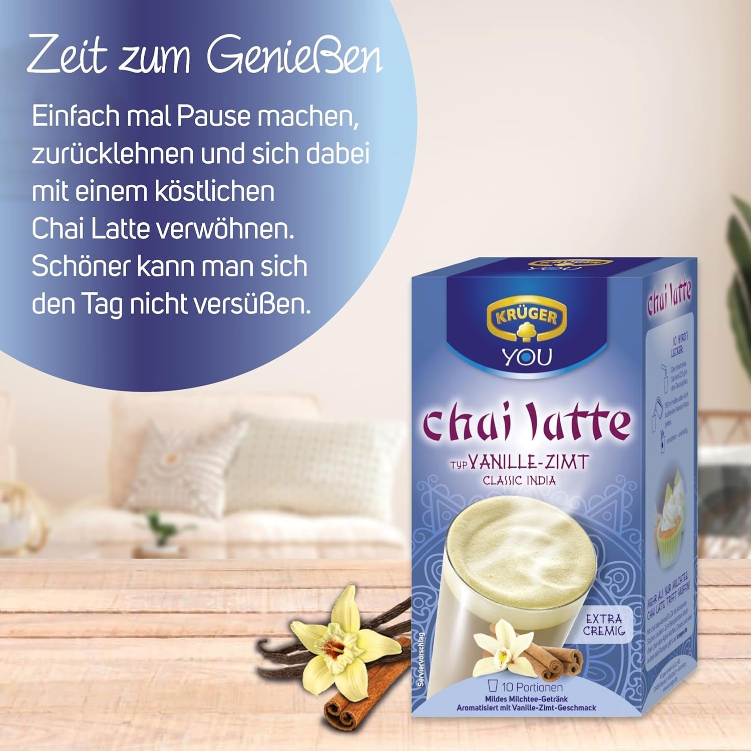 KRÜGER YOU Chai Latte Vanilla Cinnamon, błyskawiczny preparat do napojów mlecznych o smaku wanilii i cynamonu, 250 g (10 saszetek po 25 g)