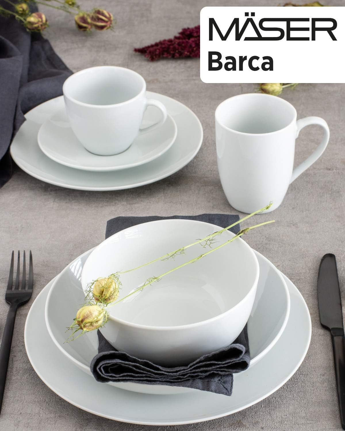 Zestaw zastawy stołowej Mäser Barca dla 6 osób, zestaw 12 sztuk, porcelana, biały