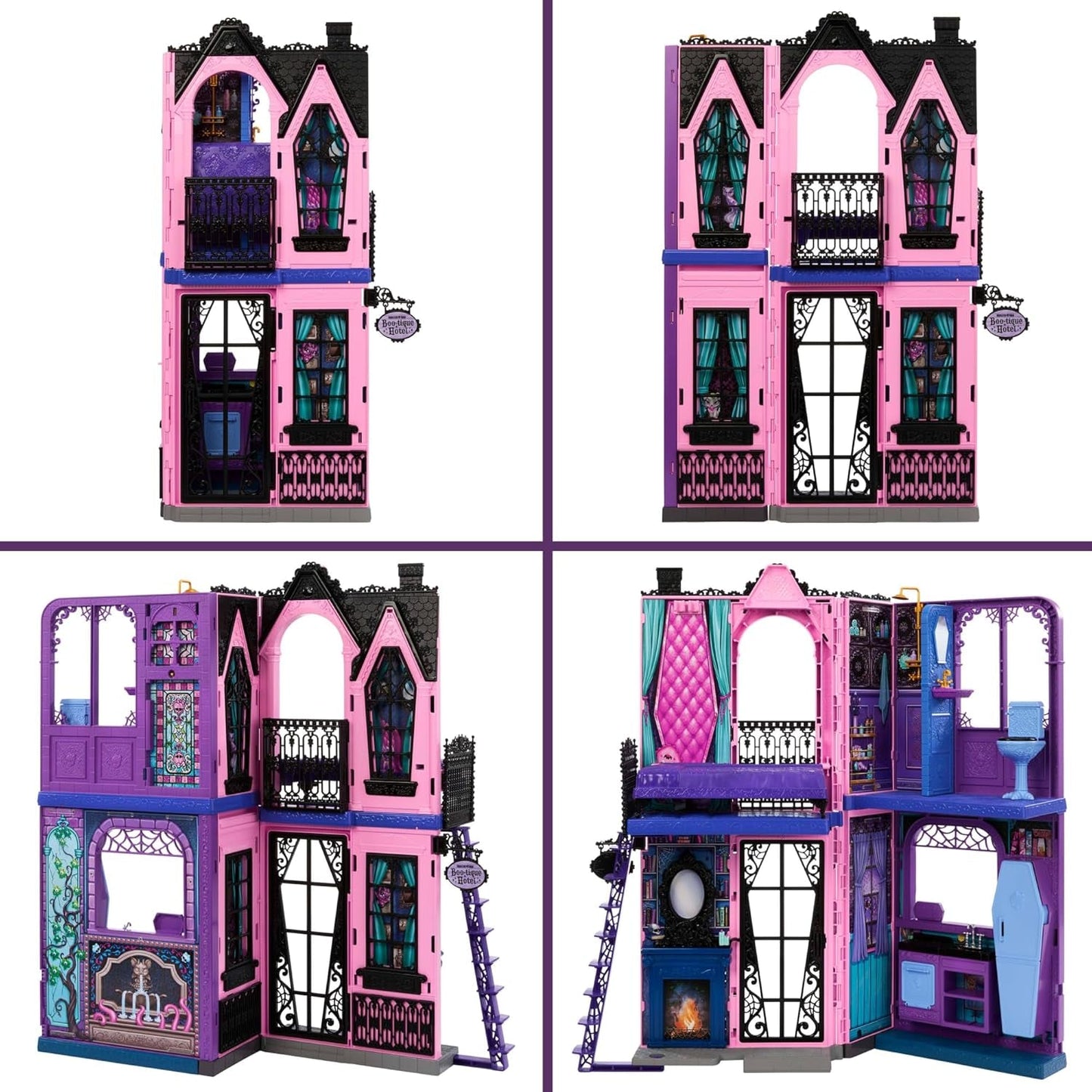Hotelowy domek dla lalek Monster High Buh-tique, składany zestaw ze strasznymi niespodziankami w każdym pokoju i ponad 13 zestawów do zabawy, w tym meble i akcesoria, JBF16