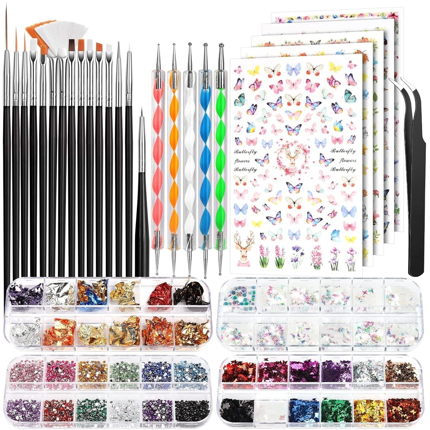 FANDAMEI Pinsel Für Gelnägel, 15 szt. Nagel Pinsel, 5 Blätter Nagelsticker, Strasssteine ​​​​Nägel, zestaw Nageldesign, Nageldesign Zubehör, zestaw pinsel do zdobienia paznokci, zestaw Nailart Pinsel i Dekorationen