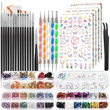 FANDAMEI Pinsel Für Gelnägel, 15 szt. Nagel Pinsel, 5 Blätter Nagelsticker, Strasssteine ​​​​Nägel, zestaw Nageldesign, Nageldesign Zubehör, zestaw pinsel do zdobienia paznokci, zestaw Nailart Pinsel i Dekorationen