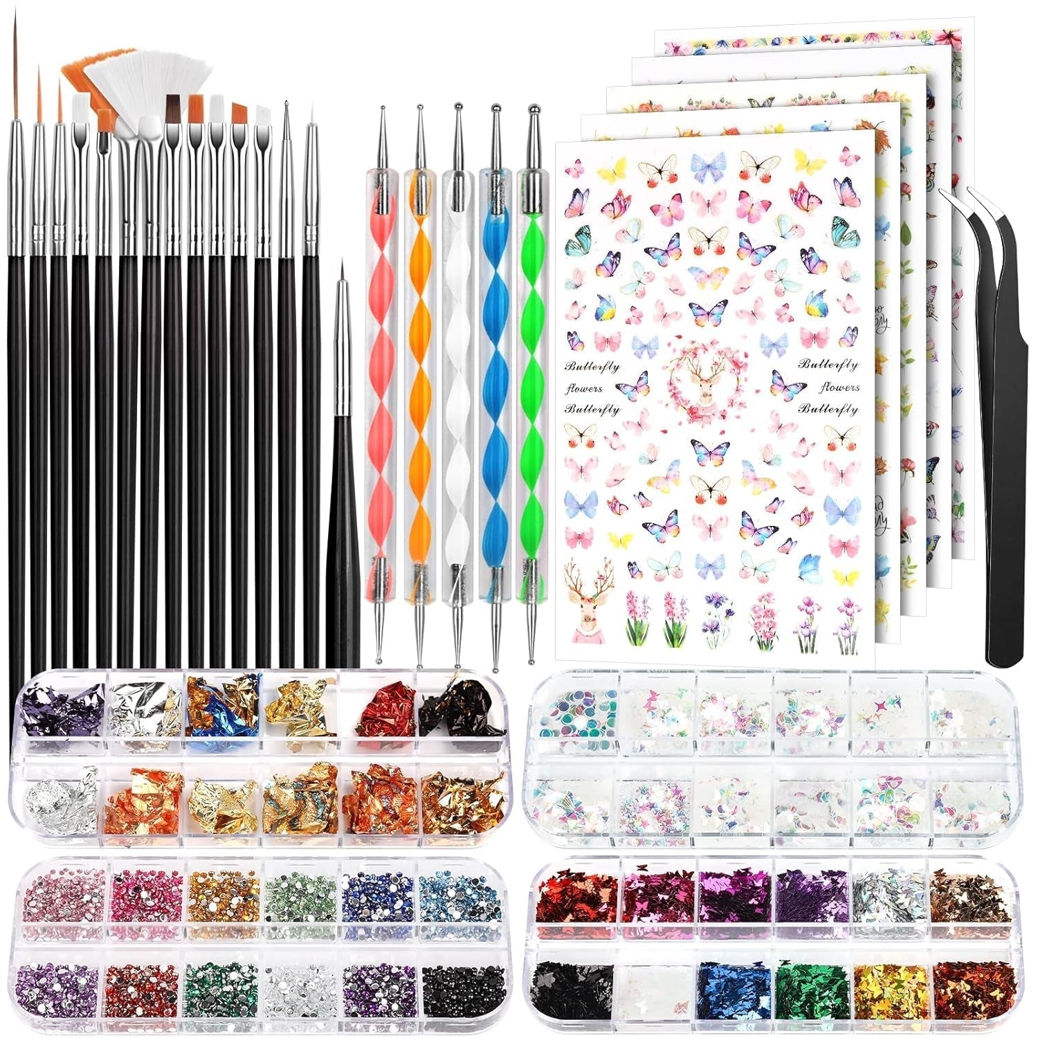 FANDAMEI Pinsel Für Gelnägel, 15 szt. Nagel Pinsel, 5 Blätter Nagelsticker, Strasssteine ​​​​Nägel, zestaw Nageldesign, Nageldesign Zubehör, zestaw pinsel do zdobienia paznokci, zestaw Nailart Pinsel i Dekorationen