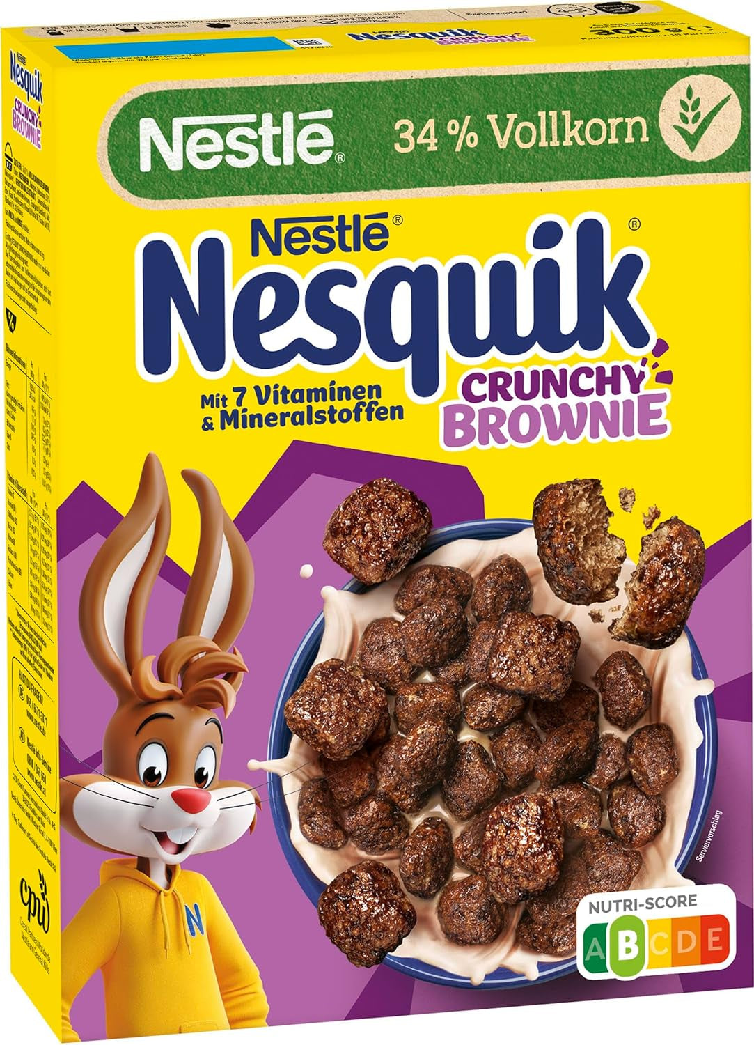 Nestlé NESQUIK Crunchy Brownie, chrupiące płatki śniadaniowe z kawałkami czekolady i innowacyjnym kształtem zapewniającym dodatkową chrupkość, opakowanie 7 szt. (7 x 300 g)
