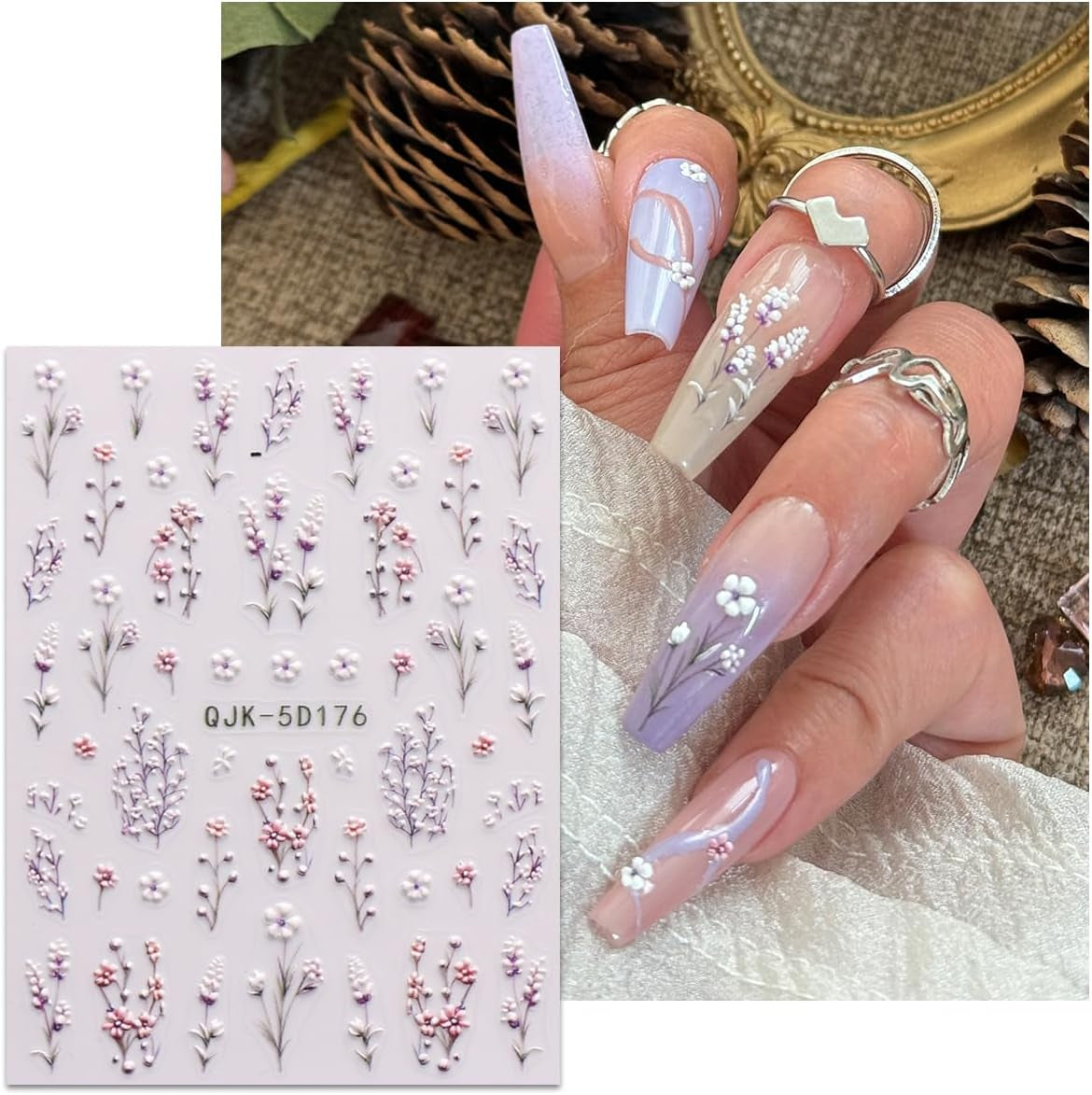 JMEOWIO 3D Nagelsticker Blumen Nail Art Naklejka Selbstklebend Nagelaufkleber 5D Stereoskopisch Frühling Sommer Dekoration Nageldesign Zubehör 4 Blatt