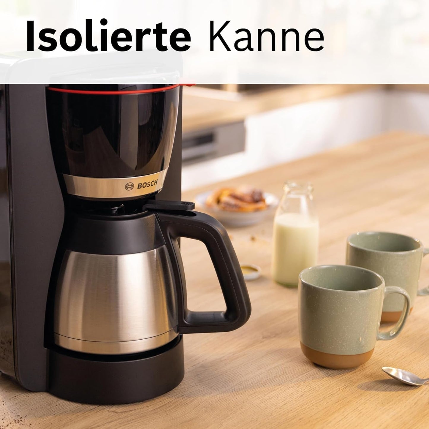 Bosch MyMoment TKA6M273 Ekspres do espresso z filtrem, karafka termiczna 1 l, 8–12 filiżanek, system zapobiegający kapaniu, obrotowy uchwyt filtra, program odkamieniania, wyjmowany zbiornik na wodę, 1200 W, czarny matowy
