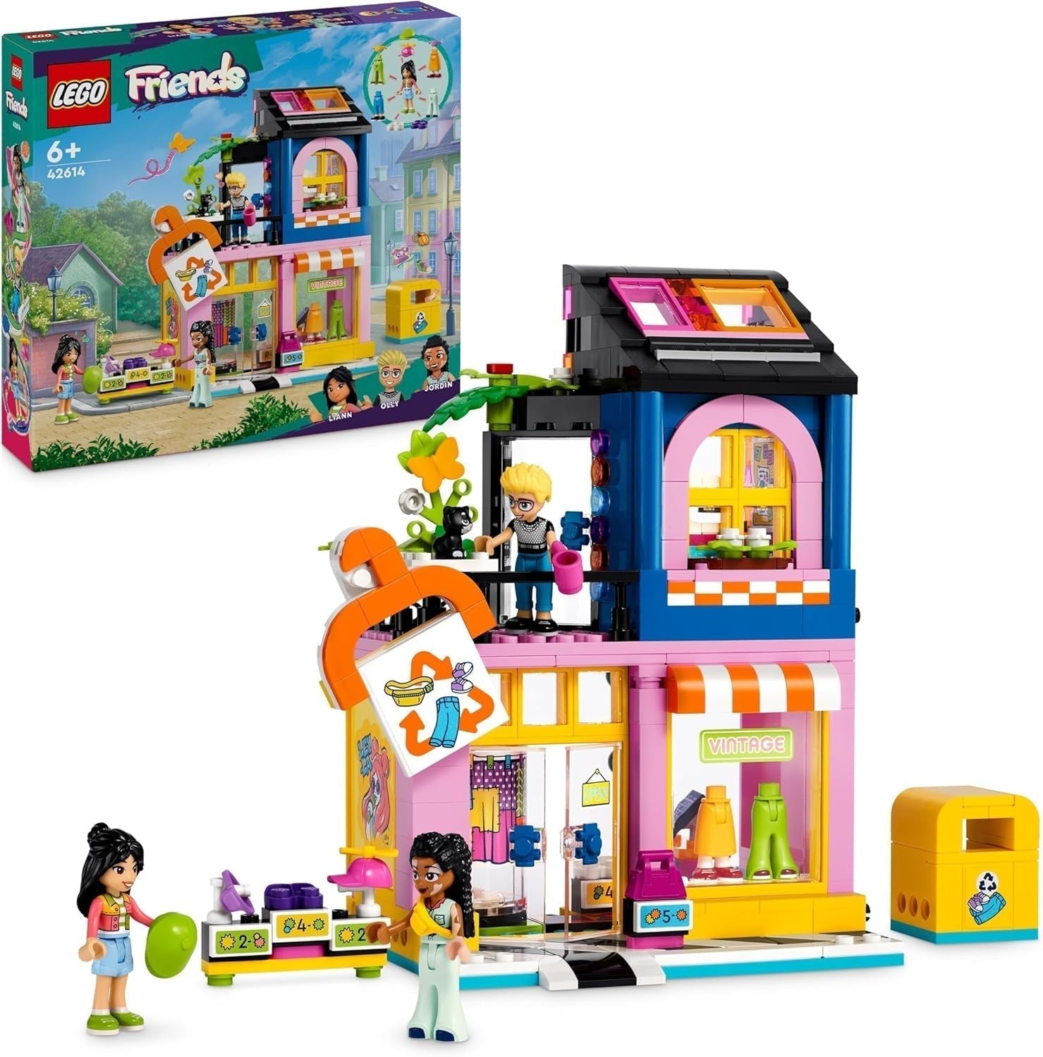 LEGO Friends Zestaw do budowania sklepu z modą vintage dla dzieci z figurkami sklepu z zabawkami i modelem kota do rozwoju społeczno-emocjonalnego Odgrywanie ról Prezent dla 6-letnich dziewcząt i chłopców 42614 Zestawy do budowania Besuche den LEGO-Store Single