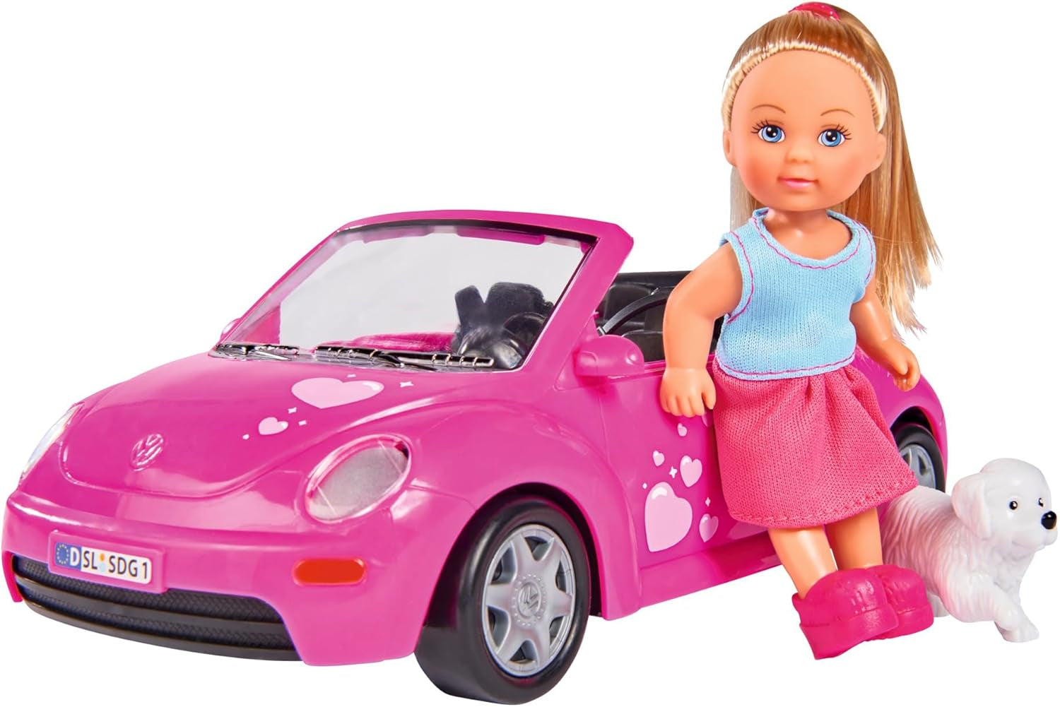 Simba 105731539 - Evi Love Beetle Evi's, Evi z samochodem, samochód: 22 cm, z psem, modną lalką, 12 cm, dla dzieci od 3 lat