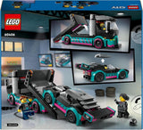 LEGO City Transporter samochodów z samochodem wyścigowym, zabawkową ciężarówką z regulowaną rampą załadunkową i samochodem wyścigowym, zestaw do budowania zawierający 2 minifigurki, kierowcę wyścigowego i kierowcę ciężarówki, dla dzieci od 6 lat 60406 Zestawy do budowania Besuche den LEGO-Store
