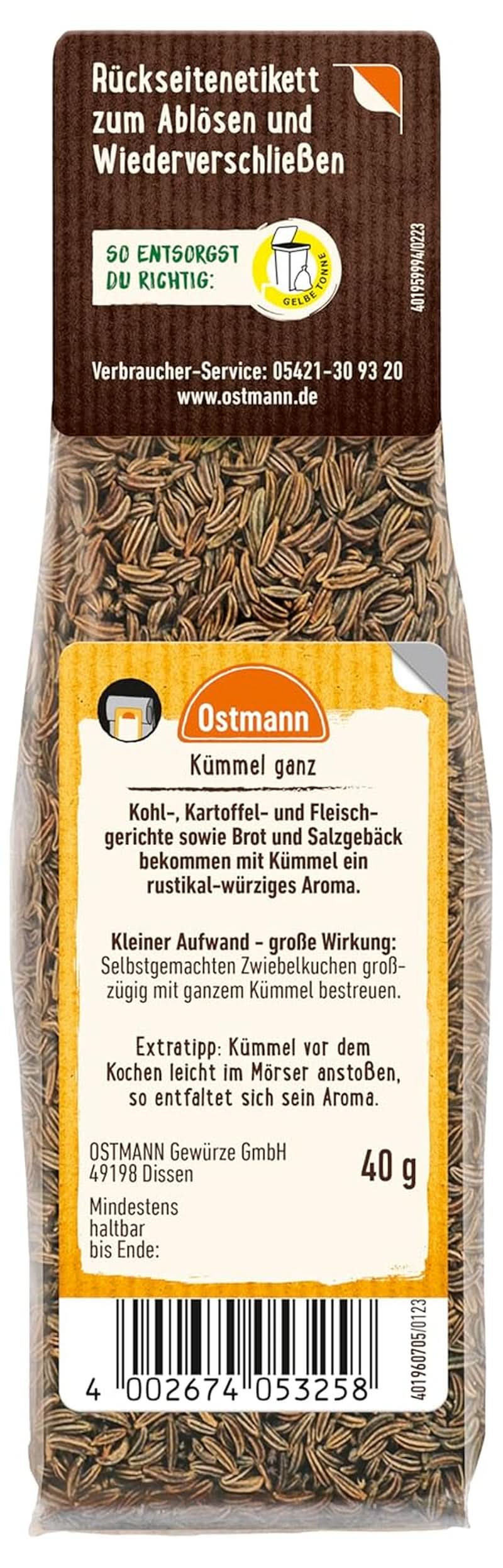 Ostmann - Cały kminek, do aromatyzowania chleba i ciastek, 40 gramów Condimente Naty Shop