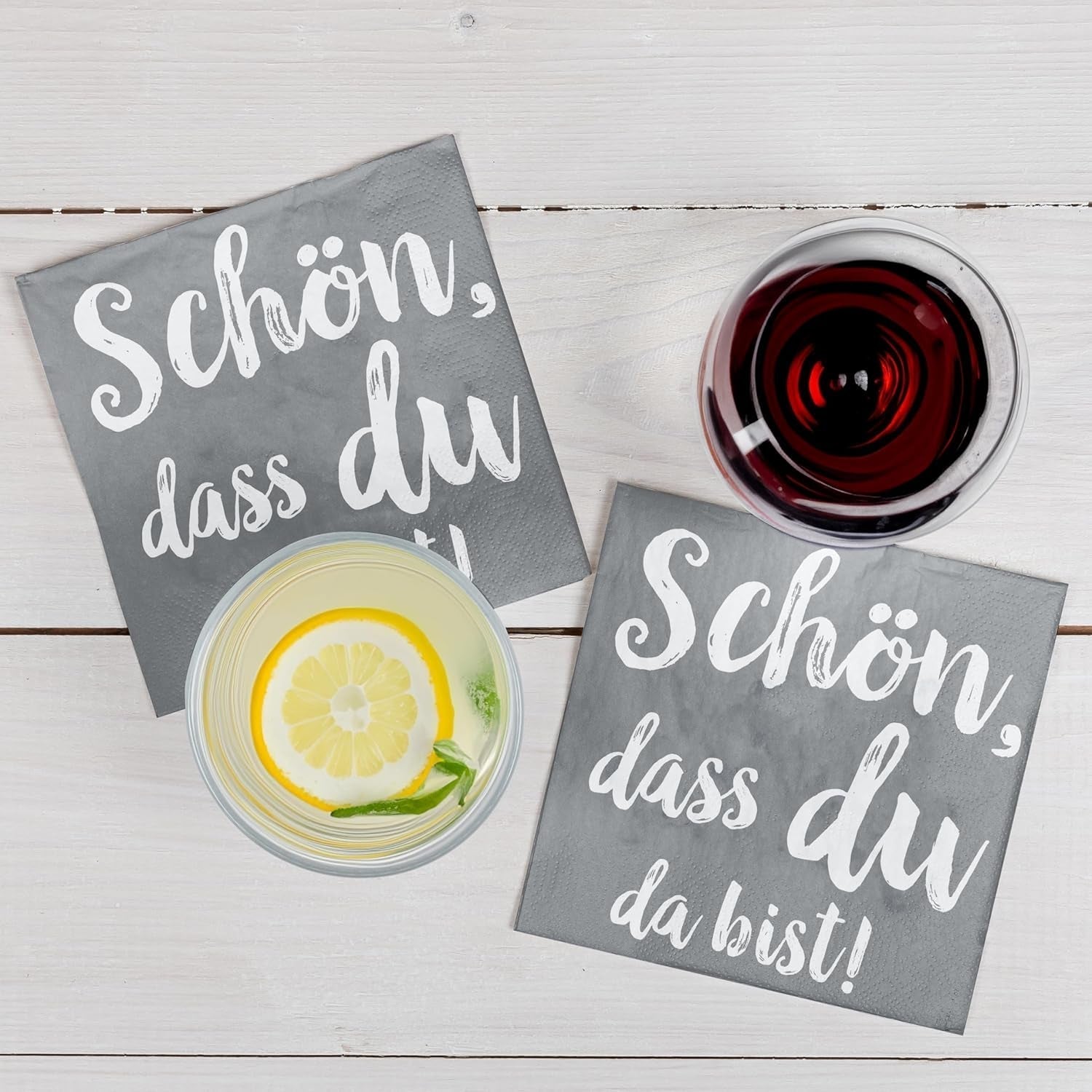 Serwetki koktajlowe HEKU „Schön Dass Du Da Bist”, 3 warstwy, 25X25 cm, 150 sztuk I Elegancki design I Idealne na uroczystości I Praktycznie zapakowane