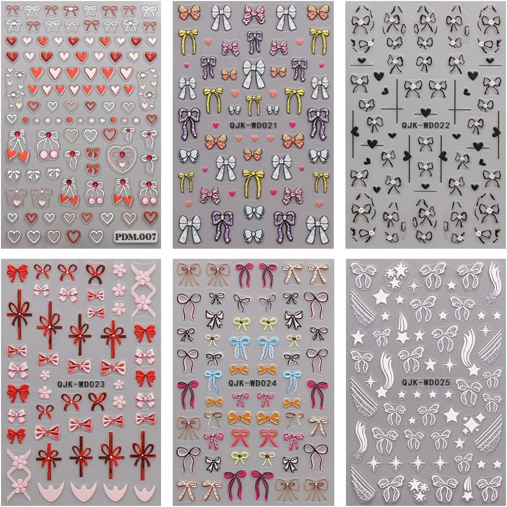 JMEOWIO Nagelsticker Bunte Herz Schleife 6 Blatt Nail Art Naklejka Selbstklebend Nagelaufkleber Dekoration Nageldesign Zubehör
