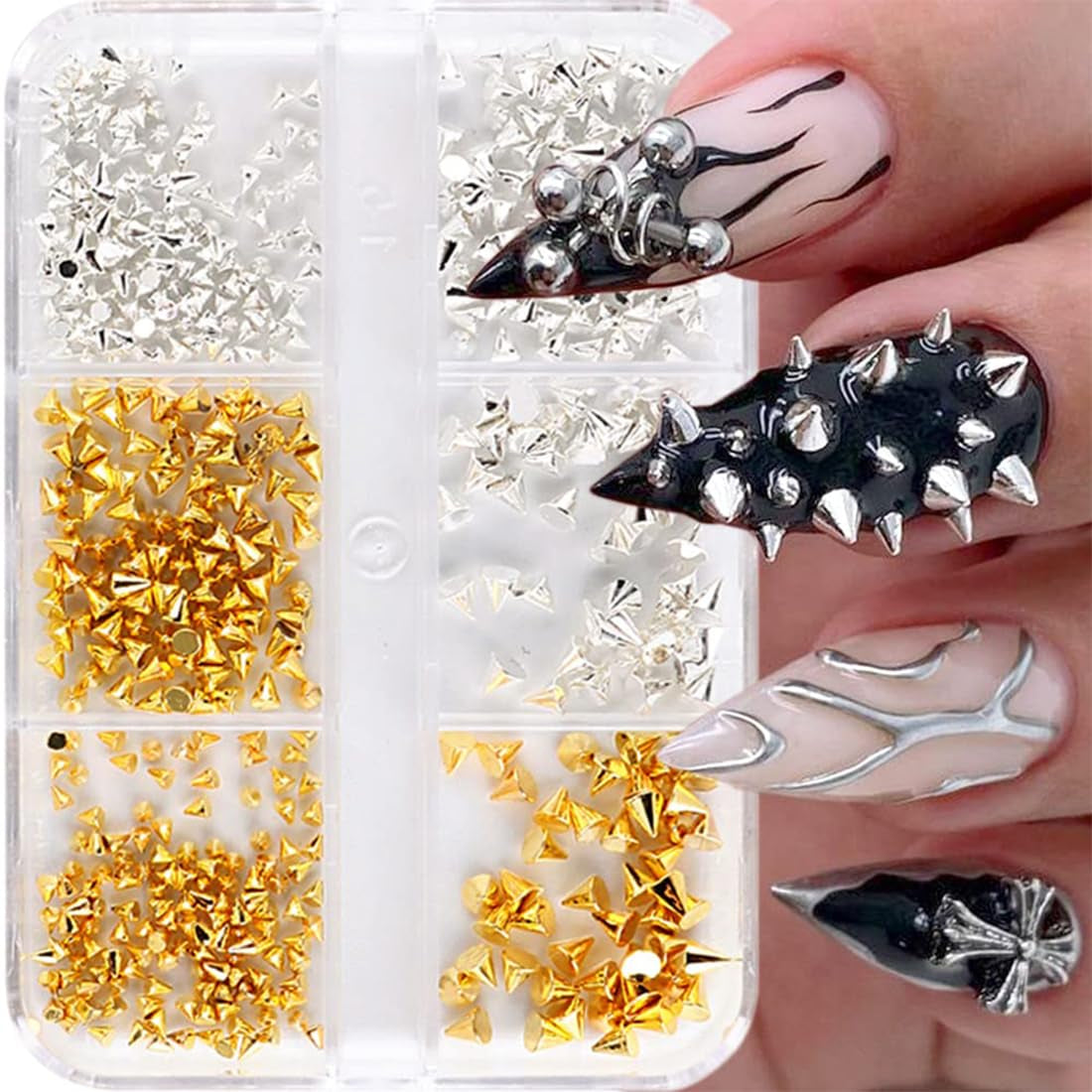 Mini Metall Nieten Punk Charms do paznokci Złoto Silber Strasssteine ​​​​Nägel Charm Kolce Kegla Nagelschmuck Glitzersteine ​​​​Szpilki do zdobienia paznokci Nagel Steine ​​Legierung Nagelanhänger Cyrkonie Nageldesign Zubehör