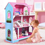 HENGMEI Puppenhaus Kinder Holz Puppenvilla Zestaw domków dla lalek Mädchen Spielset 3 Etagen Haus mit Möbeln und Zubehör, 70x30x100cm Puppenhäuser für Kinder (typ B)