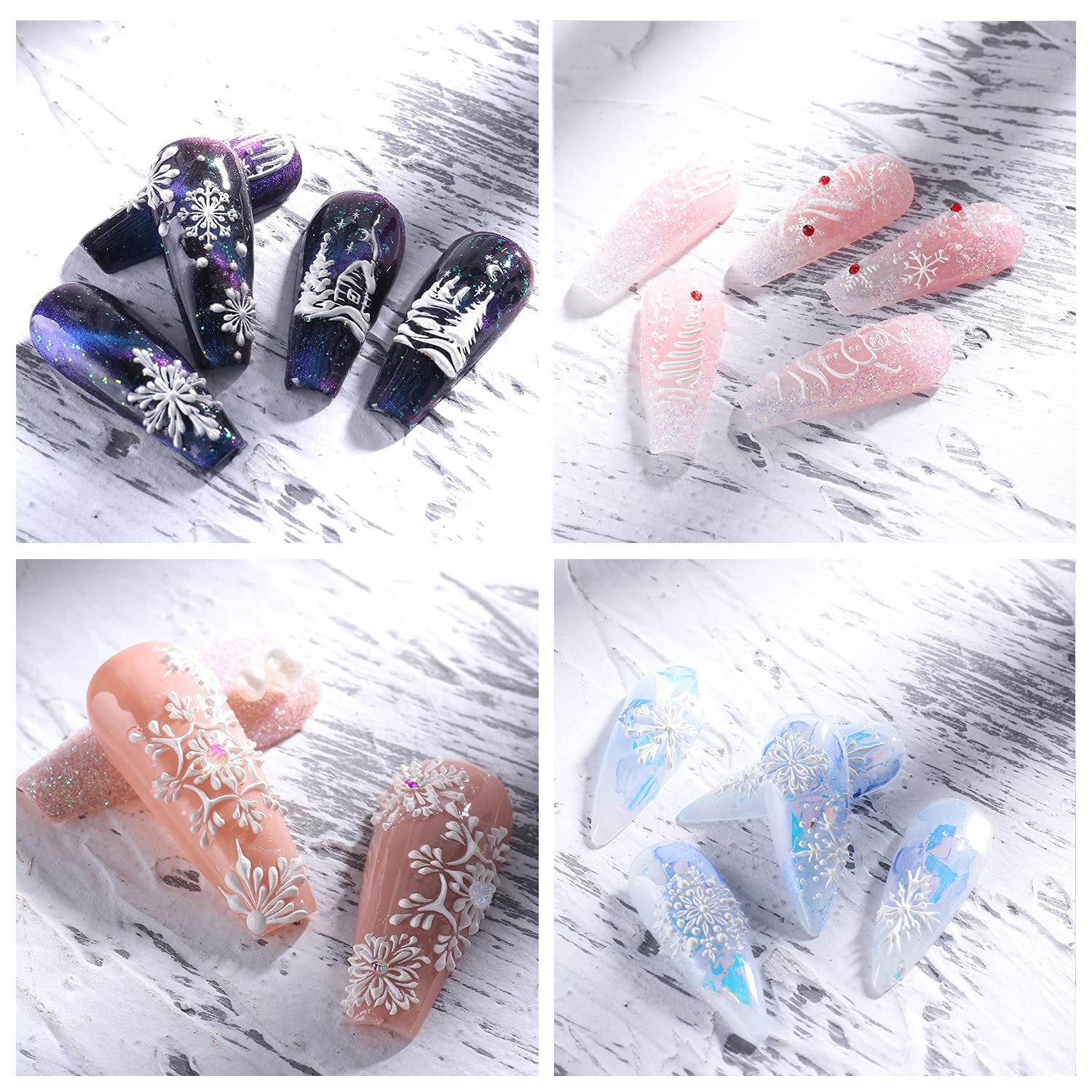 4 Blatt 3D Nagelsticker Weihnachten Nagelaufkleber Boże Narodzenie 5D Stereoskopisch Selbstklebend Schneeflocke Schneemann Nail Art Naklejka Dekoracja Nageldesign Zubehör