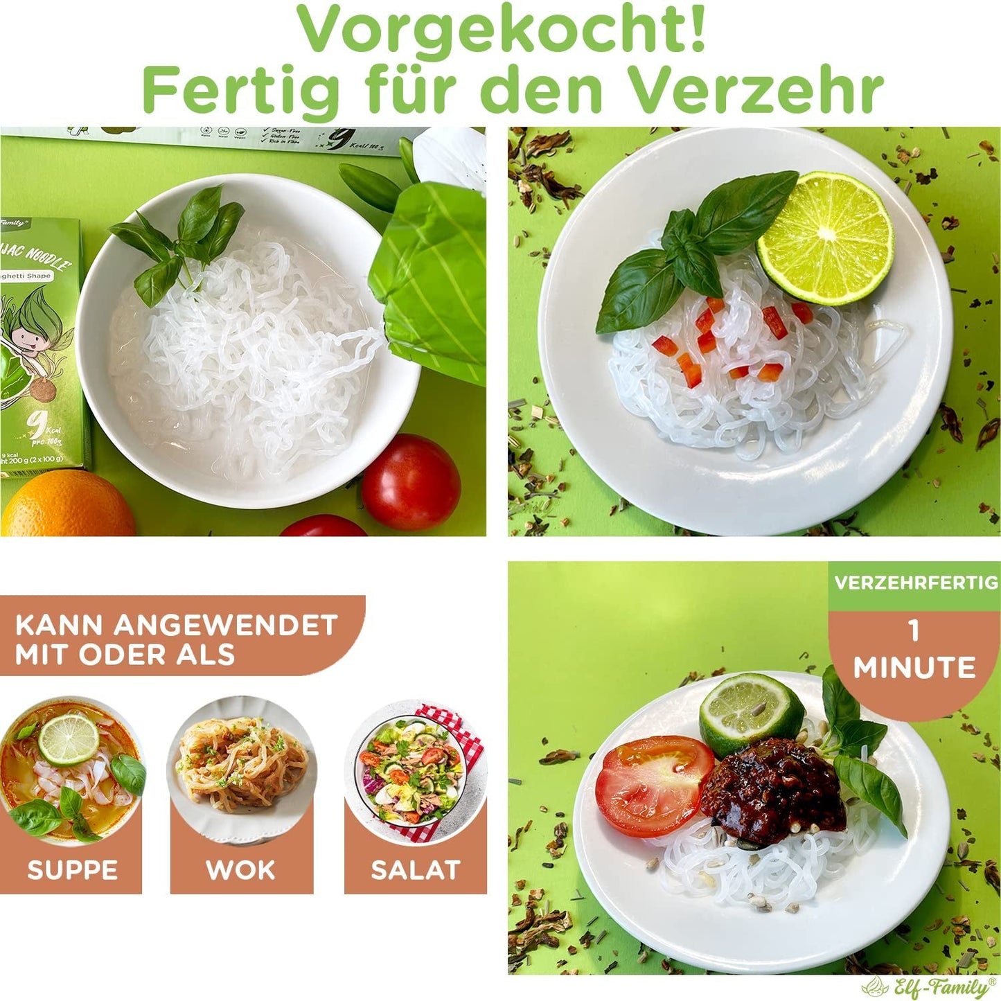 Elf-Family 6 pudełek (12 szt.) Organiczny makaron Konjac o bardzo niskiej zawartości węglowodanów Shirataki Wegański bezglutenowy – 1,62 kg, bez węglowodanów/keto/niskokaloryczny/beztłuszczowy/bez cukru Makaron instant – spaghetti i fettuccine