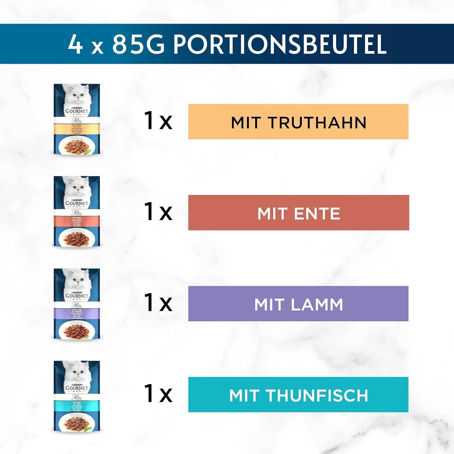 Gourmet Perle Select Strips mokra karma dla kotów, różne mieszanki, opakowanie 12 sztuk (12 x 4 saszetki po 85 g każda)