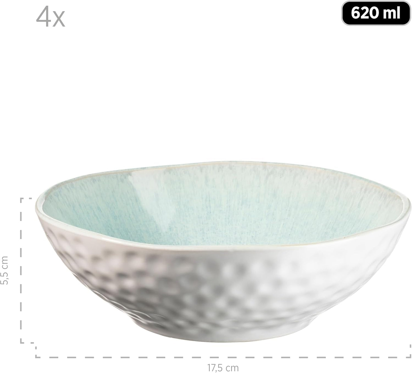 Seria MĘSER Frozen, ceramiczny zestaw obiadowy dla 4 osób, 16-częściowy serwis kombinowany o organicznych kształtach, kolorowy serwis, kamionka, turkusowo-zielony