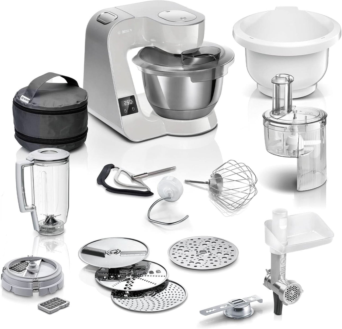 Robot kuchenny Bosch Seria 4 MUM5X720, zintegrowana waga, miska ze stali nierdzewnej 3,9 l, mikser 1,25 l, 1000 W Akcesoria Żywność i karmienie piersią Baby Naty Shop Single Silver Grey 6 akcesoriów