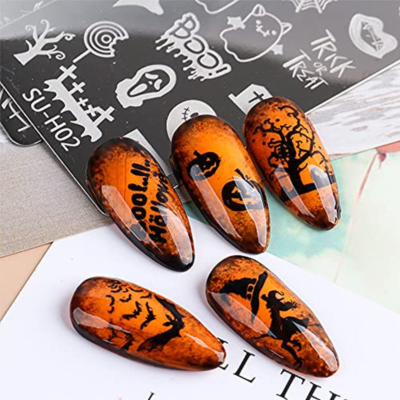 JMEOWIO Szablony do stemplowania paznokci Halloween 6 Stück Nagelstempel Szablony Nail Art Dekoration Nageldesign Zubehör Böse Gruselige Kürbis-Geisterhexe